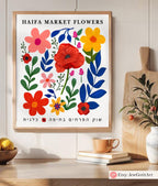 Flower Market Haifa Israel Wall Art Poster | Floral Art by Israeli Artist | Jewish Gift Kalanit Flower Red Poppy Flowers Jewish Shuk Hebrew