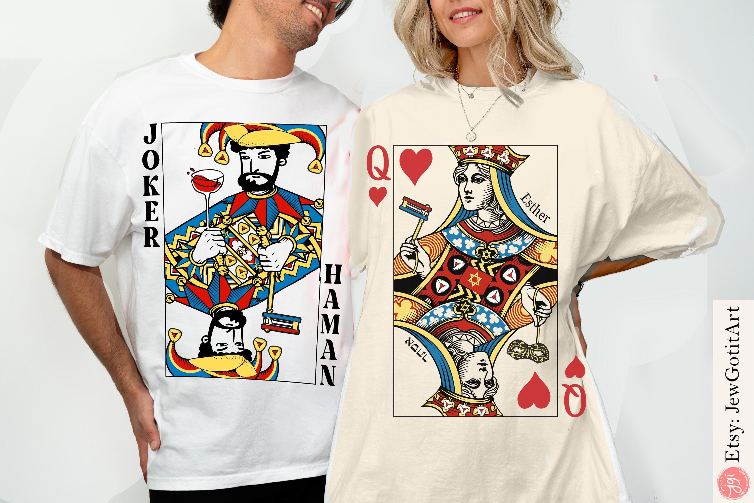 Haman Joker Queen Esther T-Shirt Purim Sweatshirt Unique Purim Costume Israeli Artist Jewish Gift Am Yisrael Chai Queen of Hearts Card Shirt