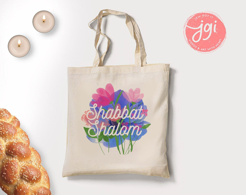 Shabbat Shalom Tote Bag Hand drawn | Hebrew Jewish gift | Art bag, graphic flower bag, woman gift shopping everyday bag, shabbos shabbat bag